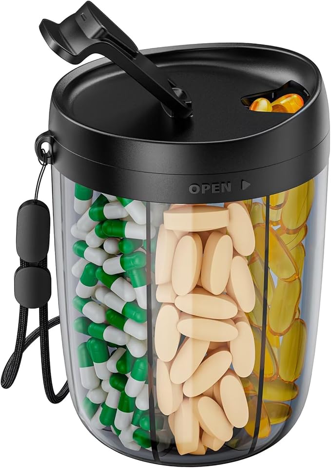 PULIV Large Pill Bottle Organizer, Supplement Organizer for Holding 6 Various Vitamins, Pill Box Case with Anti-Mixing & Wide Opening Design, Easy to Retrieve Meds, Includes 20 Pcs Stick-on Labels