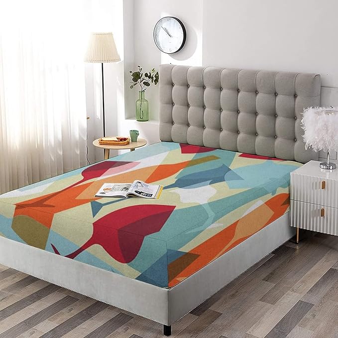 Decorative Fitted Sheet Set Twin Size, Wine Deep Pockets Fitted Sheet & 2 Pillow Sham Set, Modern Colorful Glasses Bottles Fun Party Printed Microfiber Bedding 3pc Set, for Kids & Adults Bedding