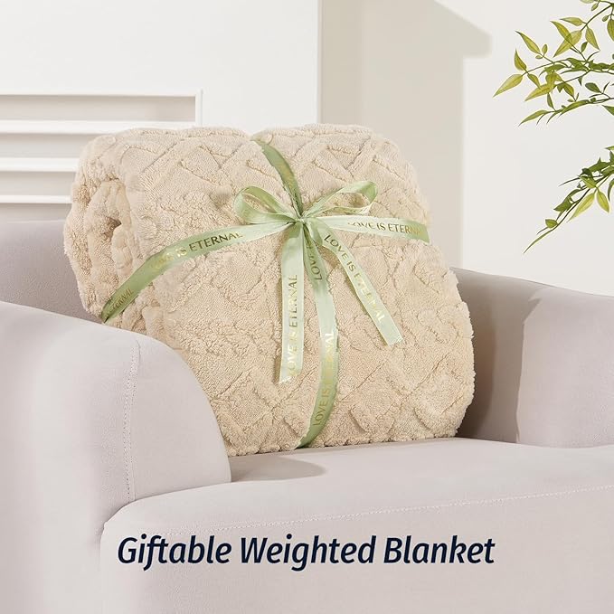 Wemore Weighted Blanket for Adults Twin Size 15 lbs, Dual Sided Soft Fuzzy Jacquard Sherpa Weighted Blankets for Sleeping, Cozy Fluffy Knitted Heavy Blanket for Couch Bed, Khaki, 48 x 72 inches
