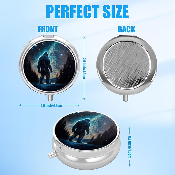 Pill Box, 3 Compartments Small Pill Case Travel Portable Metal Medicine Box with Mirror Mini Container for Purse Pocket Women Men（Bigfoot Mountain Moon）