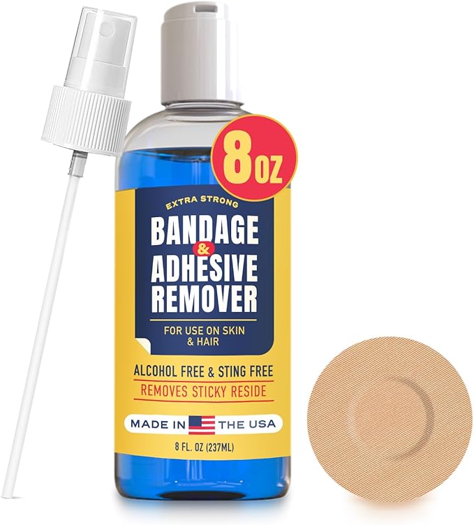 Sting-Free Adhesive Remover - 8oz Gentle & Pain-Free Bandage & Strong Adhesive Remover - Ideal for Sensitive Skin, Sports Tape, Dialysis Ports, Continuous Blood Glucose Monitoring & Colostomy Bag Care
