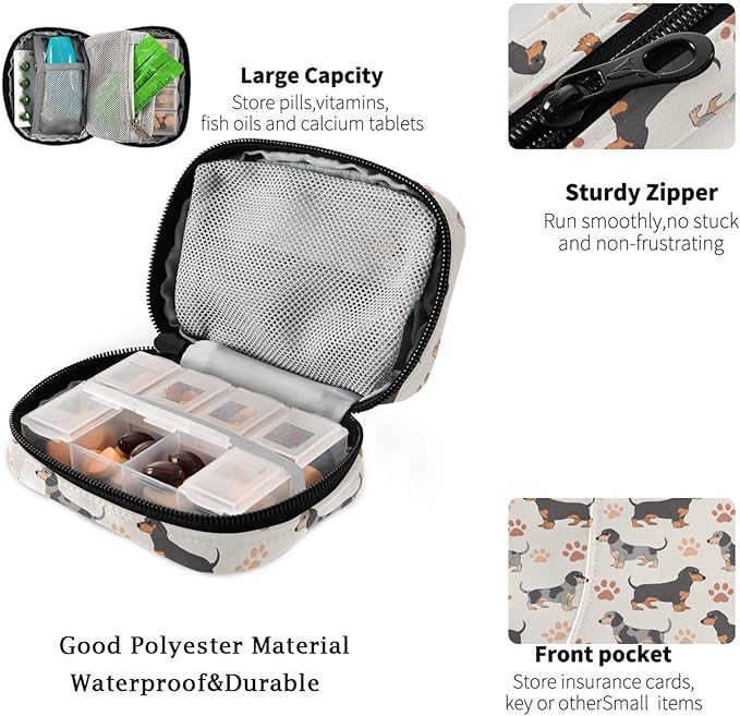 Fustylead Cute Cartoon Dachshund Dogs and Paw Prints Pill Organizers 2 Times A Day Pill Case Bag with Zipper Portable Weekly Pill Dispensers for Vitamin Supplement