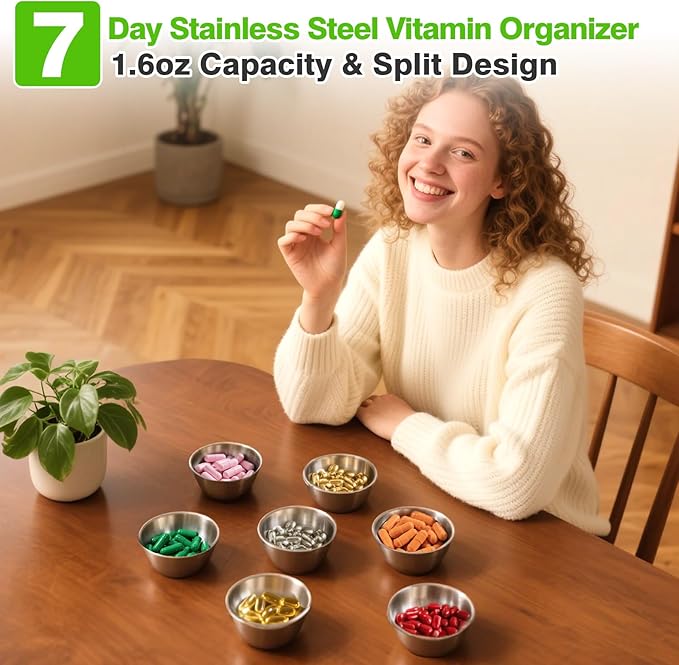 Palksky Travel Vitamin Organizer Stainless Steel, Supplement Travel Organizer for 7 Different Vitamins, Wide Opening & Sealed Lids, Portable Box Storage for Fish Oils, Pills, Supplements (2.4Oz)