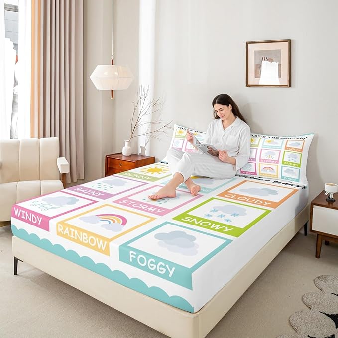 Feelyou Kids Educational Bed Sheet Set Twin Size, Weather Bedding Set Learning Fitted Sheet Boys Girls Kindergarten Teens Bedroom Decor (1 Pillow Case and a Fitted Sheet)