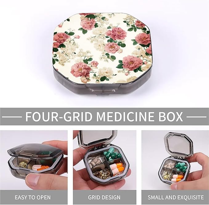 This Portable Vintage Rose Floral Pattern 4-Compartment Pillbox Can Be Placed in A Pocket Or Wallet to Store Vitamins, Medicines Fish Oil Health Supplements Other Medications.
