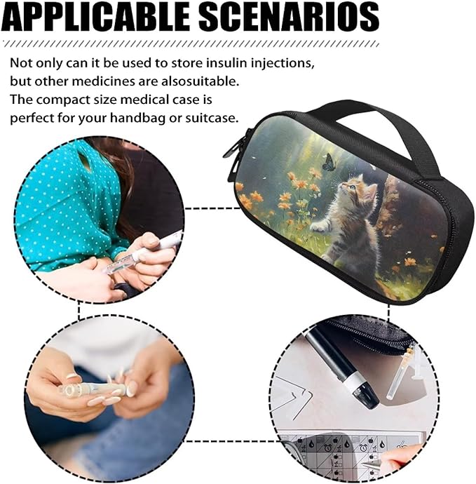 Cute Cat Butterfly Diabetic Supplies Carrying Bag for Glucose Meter Insulin Pens Test Strips Lancets Syringe Medication or Other Diabetes Care Accessories
