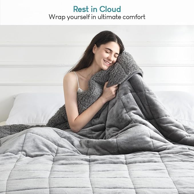 Cottonblue Sherpa Fleece Weighted Blanket 15 lbs for Adult, Flannel Cozy Plush Bed Blankets, Fuzzy Sherpa Weighted Blankets Full Size, Minky Soft Blanket for Sofa Bed, 48 x 72 inches, Grey