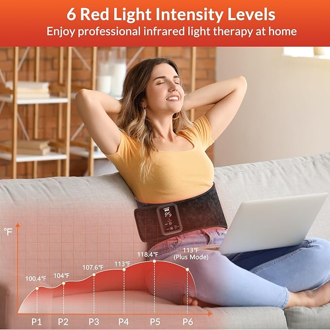 Red Light Belt for Back & Abdomen, Cordless Infrared Light Wrap with Pulse/Vibration Massage & Timer, Relaxing Waist Wrap for Daily Wellness, Gift for Family