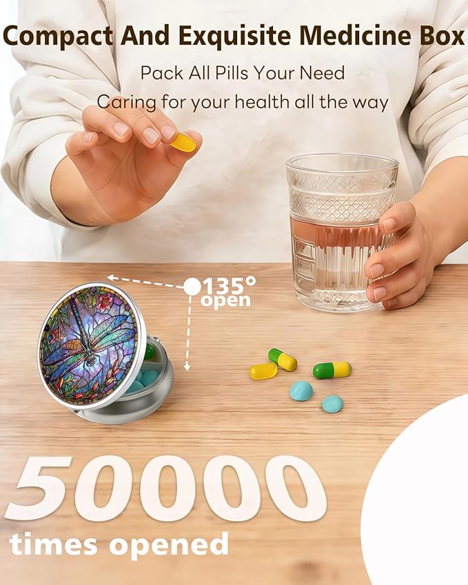 LRITER Pill Case, Portable Travel Pill Box, Pillbox Organizer, Cute Small Medicine Storage Container, Purse Accessories for Women, Men (Pill Case-Dragonfly A)