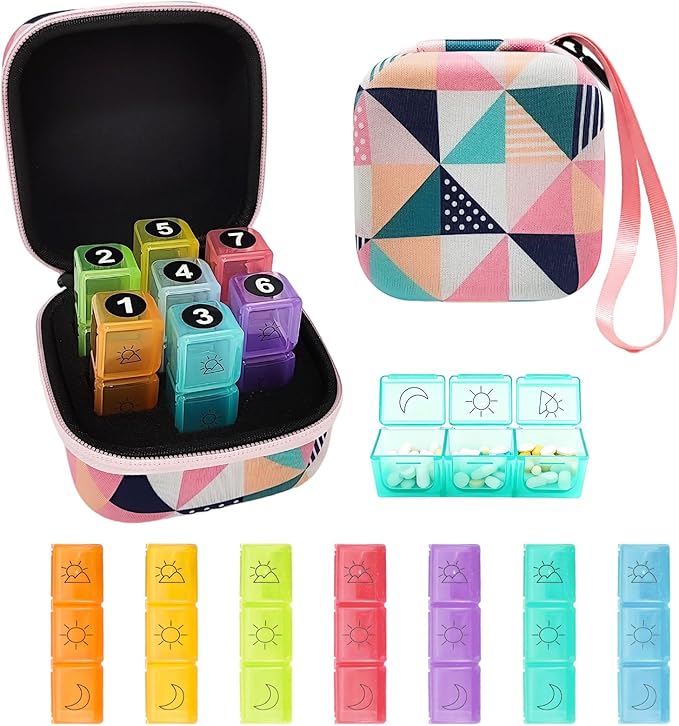 Weekly Pill Organizer, 7-Day Medicine Box with Hard Shell Case, 3 Times Daily Dosage Schedule, Plastic Rectangular Design, Includes Pill Cutter and Weekly Stickers,Multicolor