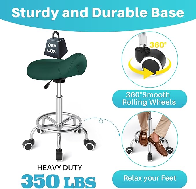 YEEZEE Saddle Stool Ergonomic- Comfortable Rolling Saddle Stool with Wide Thick Saddle Seat Padding, Swivel Adjustable Saddle Chair with Wheels and Ring Pedal for Medical Massage Salon (Green)