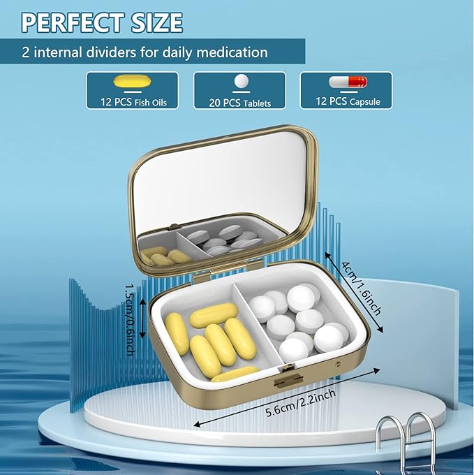 Pill Case Pill Box with Mirror Retro 2 Compartment Small Pill Case for Purse or Pocket Bronze Rectangular Pill Box or Vitamins, Fish Oil, Supplements, Pill Containe Travel Gifts（Gold Marble）