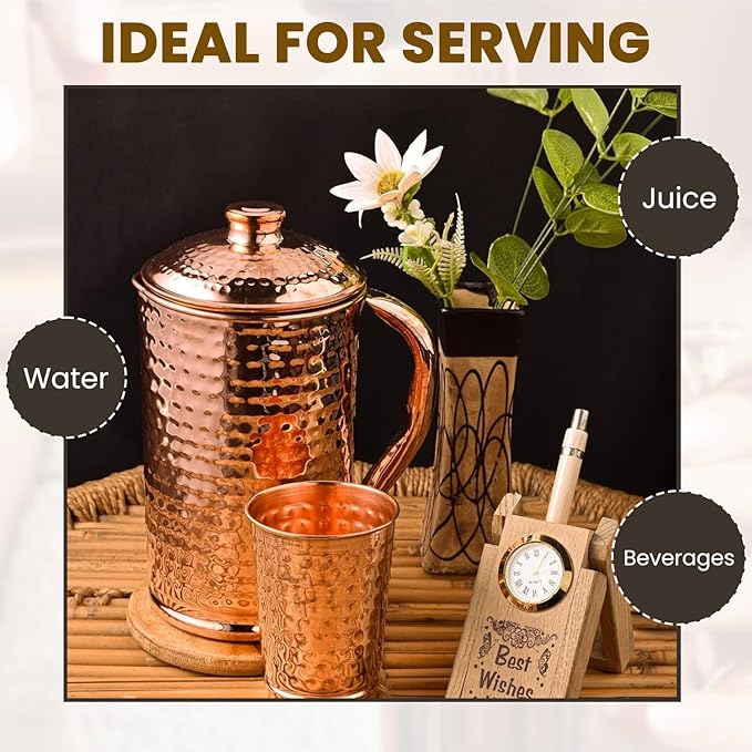 100% Pure Copper Pitcher 50.72 Oz / 1500 ml | Drinking Water Traditional Hammered Pitcher With Lid | Copper Jug Handle Water Bottle | Ayurveda Health Benefits | Serving Water in Daily Use