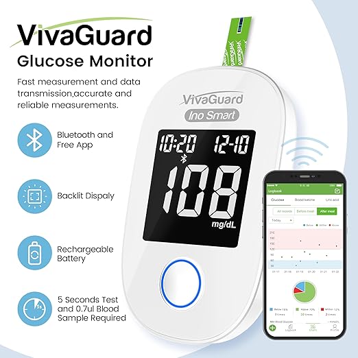 VivaGuard Ino Smart Blood Glucose Monitor Kit with Free App, Bluetooth and Rechargeable Blood Glucose Meter with 100 Strips & 100 Lancets, Travel Portable Blood Sugar Diabetes Testing Kit, No Coding