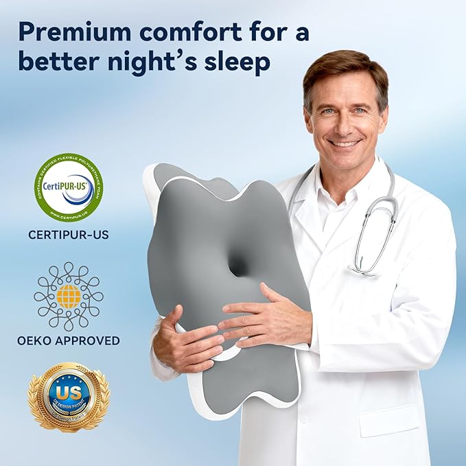 Sleep Apnea Pillow with Neck Pain & Snoring Relief -Orthopedic Cervical Pillow, Ergonomic Contour Memory Foam for Side, Back,Stomach Sleepers, Medium Firm Support(Grey, Queen Size)
