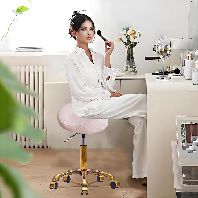 Saddle Stool Gold Rolling Stool with Wheels, PU Leather Roller Vanity Chair, Height Adjustable Swivel Saddle Chair for Pedicure, Tattoo, Massage, Salon, Spa (Pink)