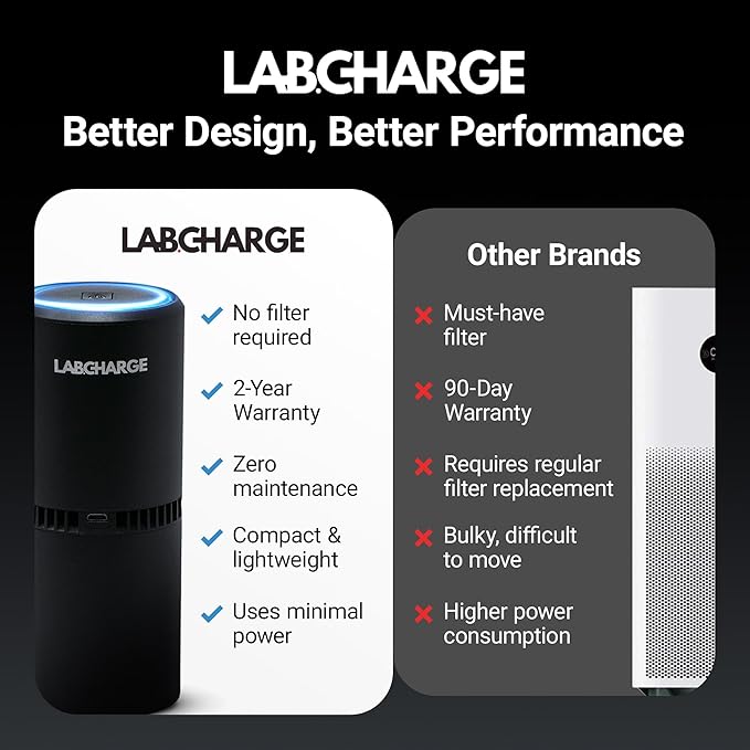 LabCharge Small Ionic Air Purifier for Home & Bedroom – Silent HEPA Filter – Covers 250 Sq Ft - Free Cleaner for Pets, Hair, Smoke, Dust, Odors & Dander – Compact & Black Design - Pack of 2
