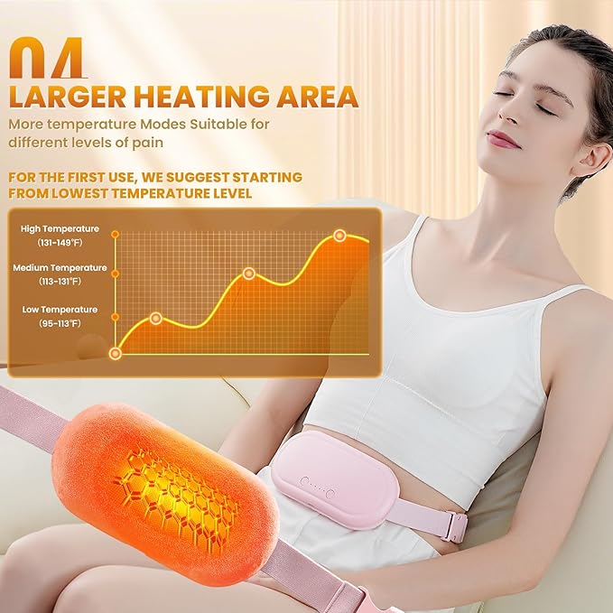 Portable Electric Heating Pad for Period Cramps, Menstrual Heating Pads with 4 Heat Levels and 4 Vibrating Modes for Women Stomach Pain Relief-Pink
