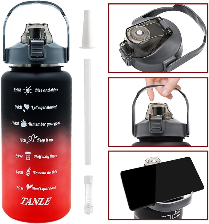 4pcs Water Bottle Set,64oz+28oz+14oz+9oz Large Capacity Sports Fitness Water Bottle,Leak Proof,Straw Inspirational Water Bottle,For Family Camping Outdoor(4pcs Black red)