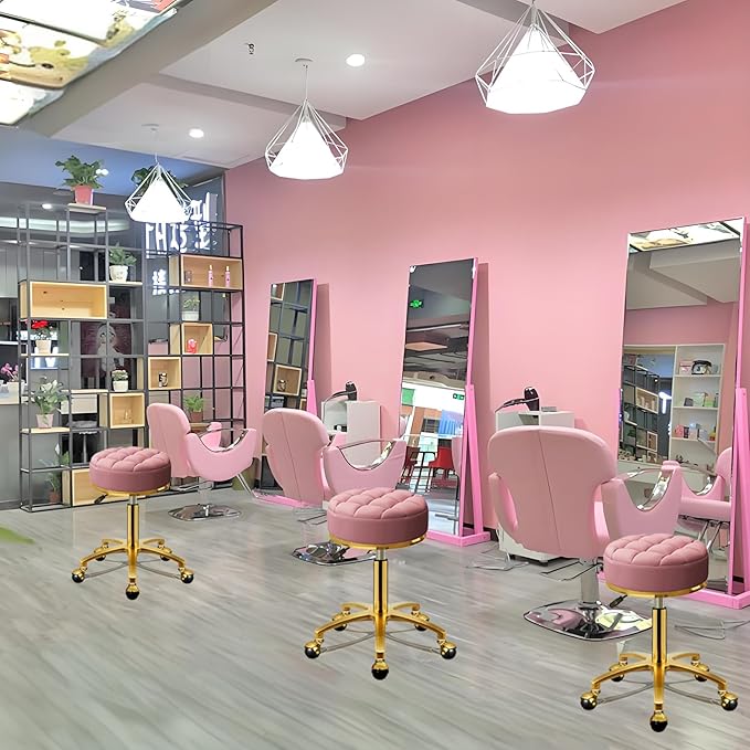 Rolling Stool Gold Vanity Stool with Wheels, Pedicure Massage Roller Stools, PU Leather Round Swivel Salon Spa Chair, Titanium Gold Base, Height Adjustable 43-55 cm (Pink)