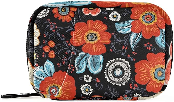 Black Poppy Paisley Travel Pill Organizer Case Box Container Weekly Portable Vitamin Medicine Holder Storage Bag with Zipper Removable