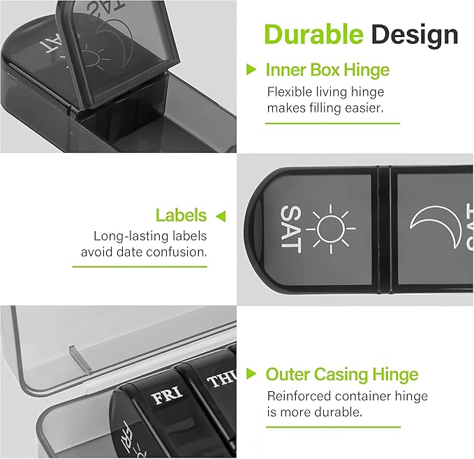 2 Pack Weekly Pill Boxes and Organizer 2 Times a Day, Travel Essentials 2 Week 14 Day Morning and Night Pill Dispenser, Black Large Daily Am Pm Pill Organizer 7 Day for Vitamin