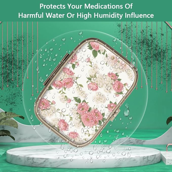 Pill Case Pill Box with Mirror Retro 2 Compartment Small Pill Case for Purse or Pocket Bronze Rectangular Pill Box or Vitamins, Fish Oil, Supplements, Pill Containe Travel Gifts（Retro Pink Floral）