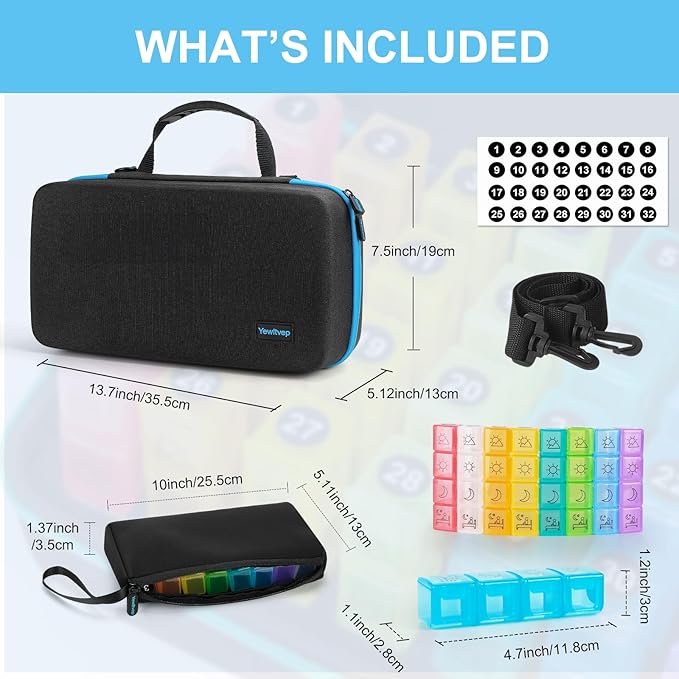 Yewltvep Monthly Pill Organizer 4 Times a Day, Pill Box Organizer with 32 Daily Compartments, 30 Day Pill Organizer 4 Times a Day Pill Holder with Hard Shell Travel Case+Weekly Pill Bag 4 Times a Day