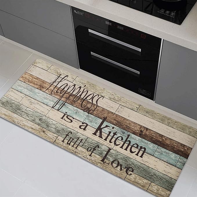 FRESHMINT Farmhouse Kitchen Mats Sets 2 Piece Cushioned Comfort Mat for Home & Office Ergonomically Engineered Memory Foam Kitchen Rug Waterproof Non-Skid, 30" by 17" + 47" by 17",Happiness
