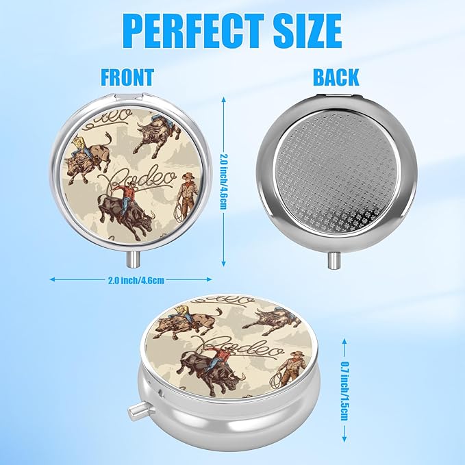 Pill Box, 3 Compartments Small Pill Case Travel Portable Metal Medicine Box with Mirror Mini Container for Purse Pocket Women Men（Vintage Western Cowboy）