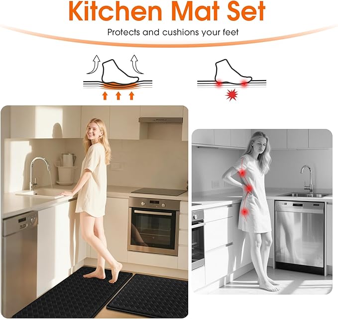 Kitchen Mats, 2PCS Kitchen Rugs, Cushioned Anti Fatigue Kitchen Mats for Floor, Non-Slip Standing Desk Mat, Waterproof Kitchen Rug Set for Kitchen Floor Office,17.3"×30"+17.3"×59" Black