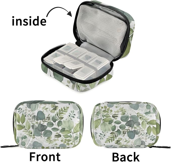 Travel Pill Case Green Leaf Counter Herb Plant Weekly Small Pill Box 7 Day Pill Box Pill Organizer Bag