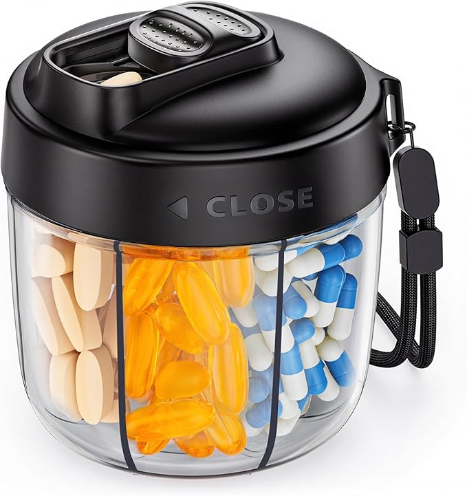 AUVON Portable Pill Dispenser to Store 7 Various Supplements, Travel Pill Organizer Bottle with Anti-Mixing Design, Arthritis-Friendly Pill Container with Wide Opening & Slider Lid, 20 Blank Stickers