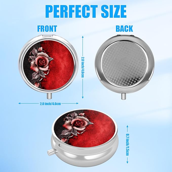 Vintage Rose Pill Case, Flower Pill Box 3 Compartments Metal Small Pill Holder with Mirror Mini Travel Pill Container for Purse Pocket Women Men