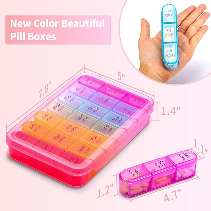 ASprink Pink and Purple Pill Organizer 3 Times a Day - Weekly Pill Box 3 Times a Day - Daily Pill Box 7 Day Medicine Organizer, Large Pill Case Pill Box 3 Times a Day, Travel Pill Organizer,