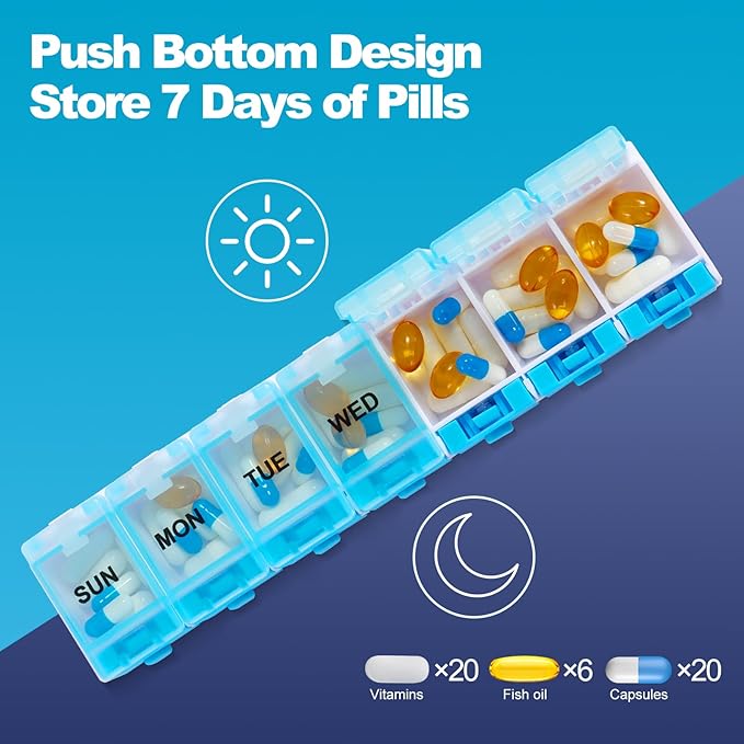 Push Button Weekly Pill Organizer, Medicine Pill Organizer, Pill Box Case 7 Day BPA-Free, Pill Container for Vitamins, Fish Oil, Supplements Medication (Blue)