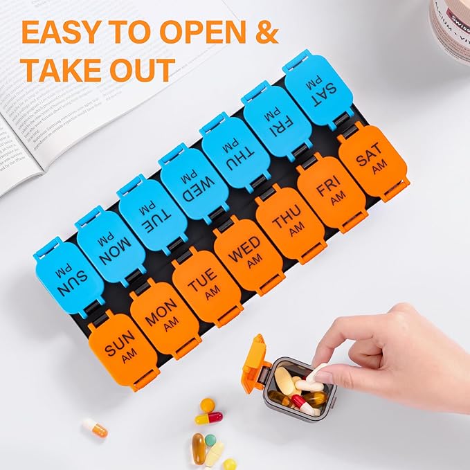 Large 7 Day Pill Organizer, XL AM PM Twice a Day Medicine Storage Box, Big 2 Week Pill Holder for Pills, Vitamins & Supplements, Travel Pill Case for Medication (Blue+Orange)