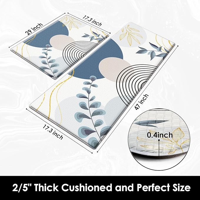 Kitchen Mats for Floor 2 PCS, Anti Fatigue Mat Set, Boho Cushioned Non Slip Waterproof Kitchen Rugs, Wipe Clean PVC Leather Runner for Sink, Laundry, Office, 17"x47"+17"x29", Blue