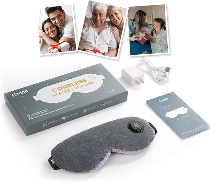 Ezona Cotton Cordless Heated Eye Mask, 2000mAh Warm Eye Compress Mask for Dry Eyes, Washable Eye Heating Pad for Travel, MGD,Blepharitis, Sinus Migraine with 10W Charger（Gray）