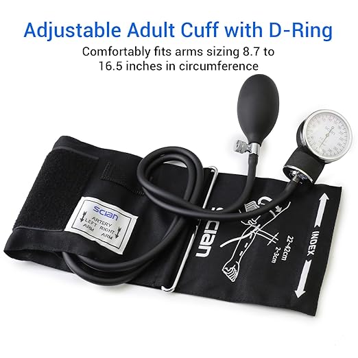 Scian Manual Blood Pressure Cuff with Stethoscope – Aneroid Sphygmomanometer with D-Ring Adult Cuff 8.7”-16.5” in Carrying Bag for Nurses Doctors Senior Home Use (Black)