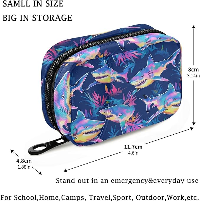 Fustylead Beautiful Tie Dye Sharks Travel Pill Organizer Case Zipper for Purse with Removable Weekly Pill Box for Medicine, Vitamin, Supplement Medicine Organizer
