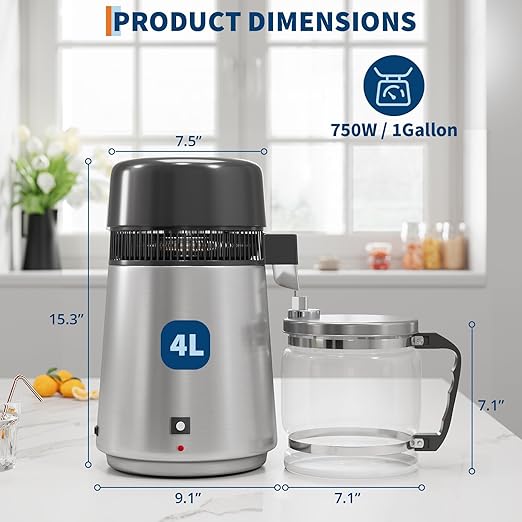 4L Countertop Stainless Steel Distilled Water Purifier, Distilled Water Making Machine with Glass Container, Ideal for Household, Workplace, Lab, and Aquarium Usage-Silver