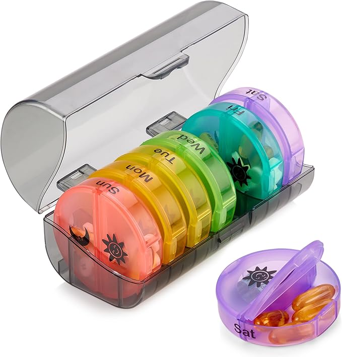 Weekly Pill Organizer - 2 Times-A-Day Compartments - 7 Day AM/PM Pill Container - Portable, Durable and Convenient Travel Pills Case for Tablets, Fish Oils, Vitamins and Supplements, Rainbow, 1 Pack