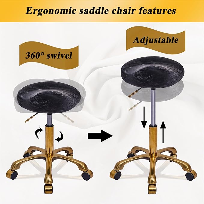 Saddle Stool Gold Rolling Stool with Wheels, PU Leather Roller Vanity Chair, Height Adjustable Swivel Saddle Chair for Pedicure, Tattoo, Massage, Salon, Spa (Black)