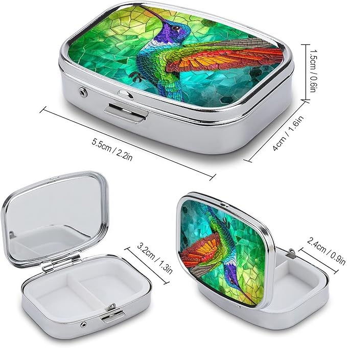 Colorful Humming Bird Pill Box 2 Compartment Stained Glass Portable Medicine Pill Case Travel Pill Organizer for Pocket Purse