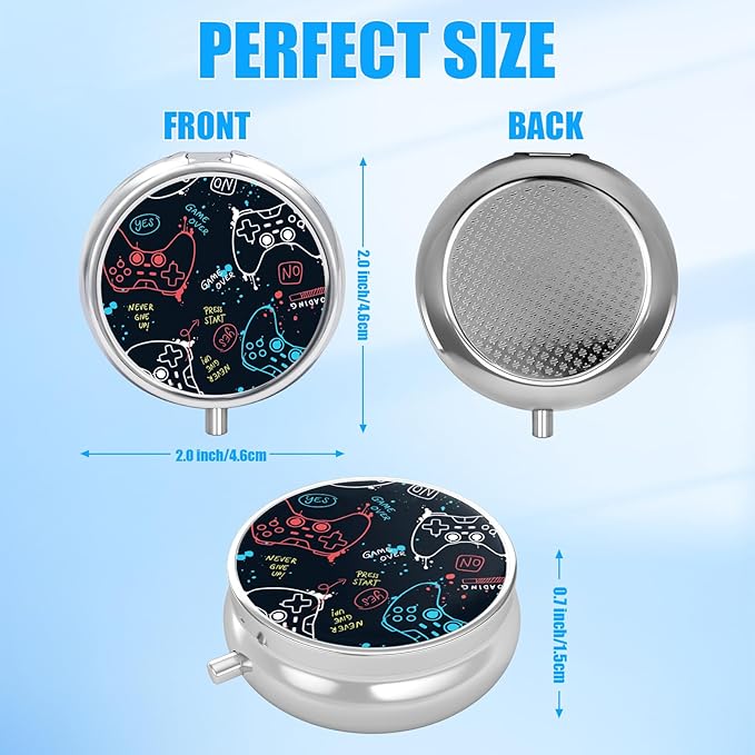 Game Gamepad Pill Case, Pill Box 3 Compartments Metal Small Pill Holder with Mirror Mini Travel Pill Container for Purse Pocket Women Men