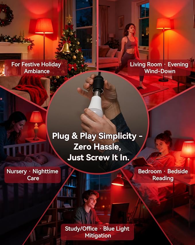Neporal 7W 670nm Red Light Bulbs for Sleep, 100% Blue Light Blocking Red Night Light, Sleep Light for Melatonin Promoting, A19 60W Equivalent Dim Light Bulbs for Bedroom, Baby Nursery, Reading,4 Packs