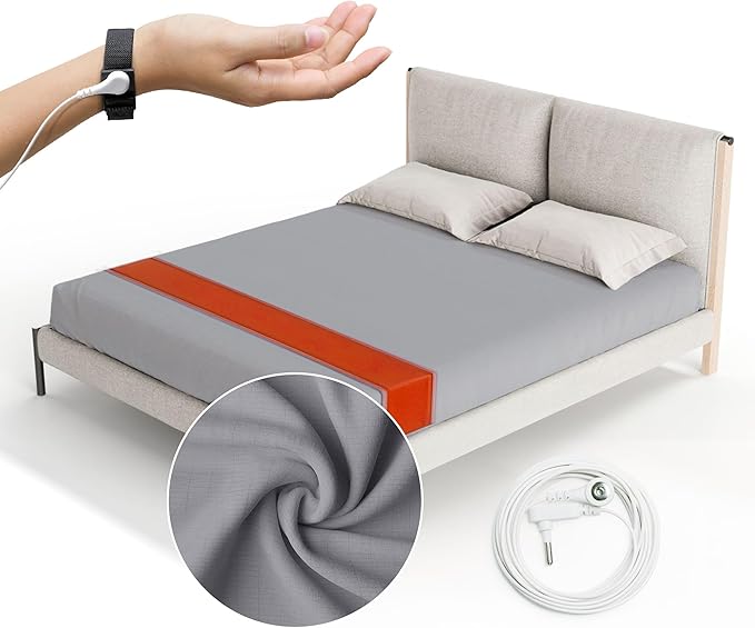 Fitted Grounding Sheets for Earthing, 5% Silver Fiber + 95% Certified Organic Cotton for Better Sleep and Pain Relief. Deep Pockets. Includes Grounding Wristband & Cords (Full)