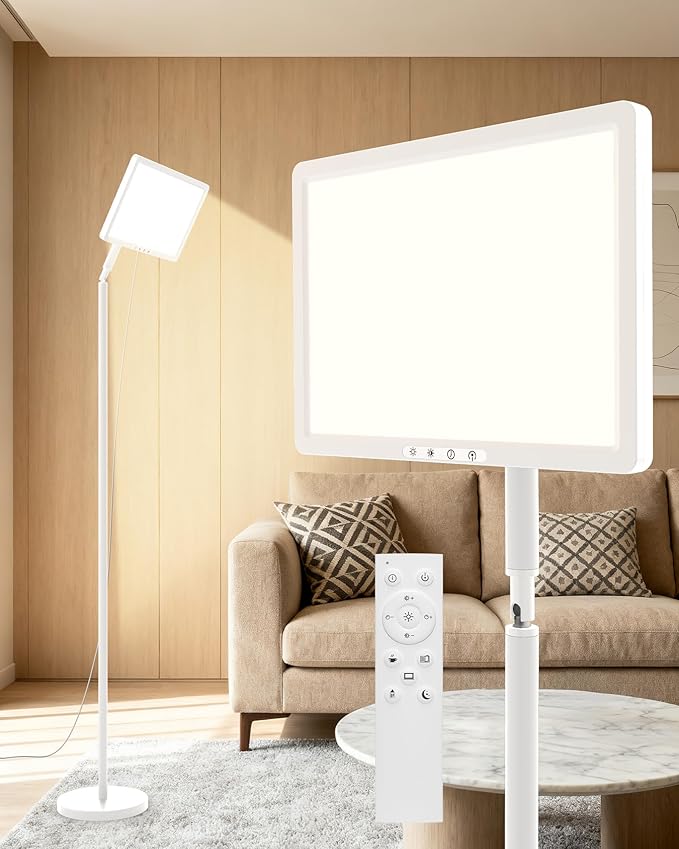 Light Therapy Lamp 12000 Lux UV-Free Full Spectum Floor Therapy Lamps, 4 in 1 LED Sun Lamp, 10 Brightess Levels, 5 Color Modes, Remote&Touch Control, Adjustable Timer/Height/Angle, White