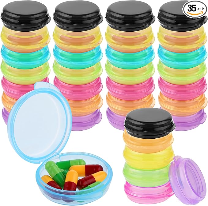 35 Pcs Mini Pill Organizer Portable Travel Pill Box Small Plastic Storage Containers Cute Pill Container Holder Round Pill Case Earplug Case Medicine Dispenser for Pocket Purse